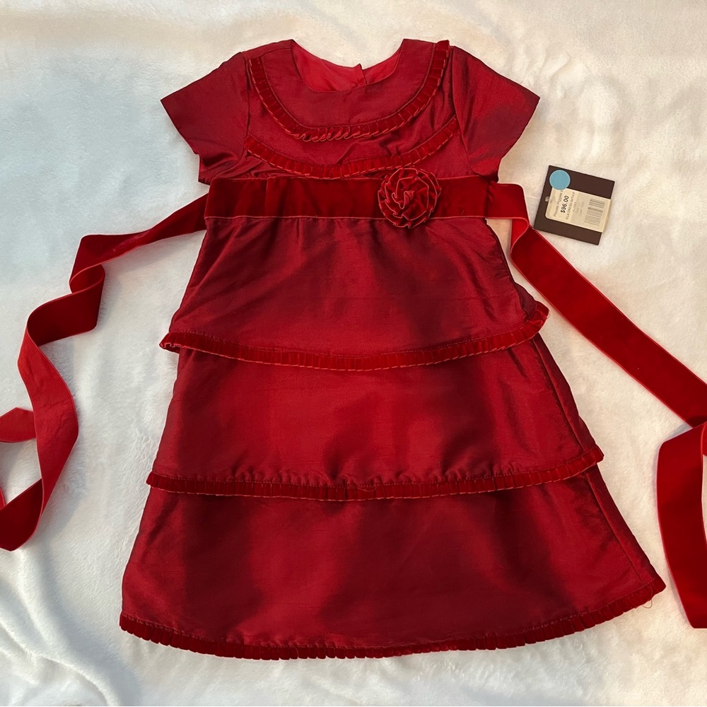 NEW Toddler size 2T fancy garnet-colored tiered dress w/velvet trim & flower.